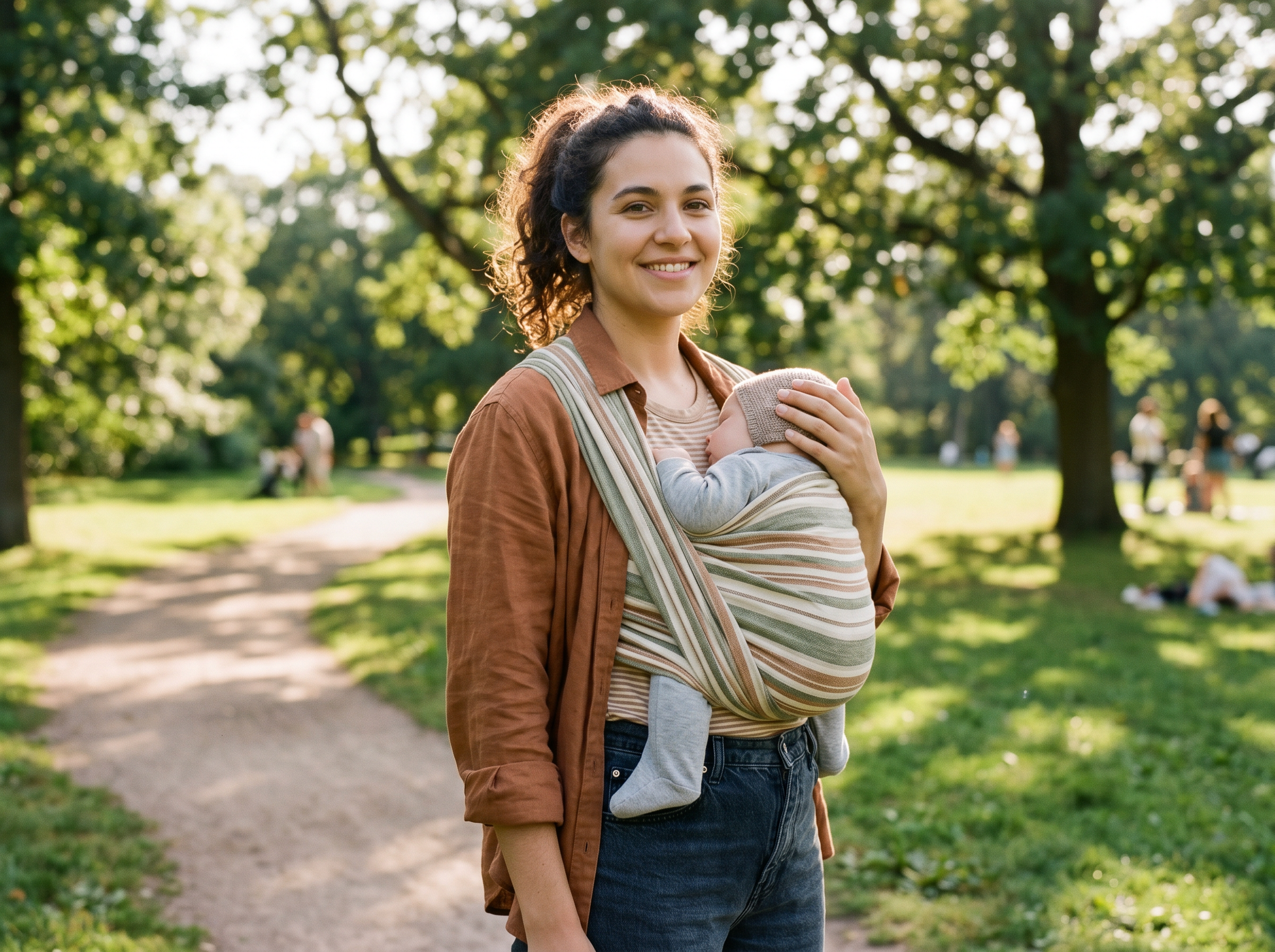 Mama niosąca dziecko w chuscie w parku w słoneczny dzień
