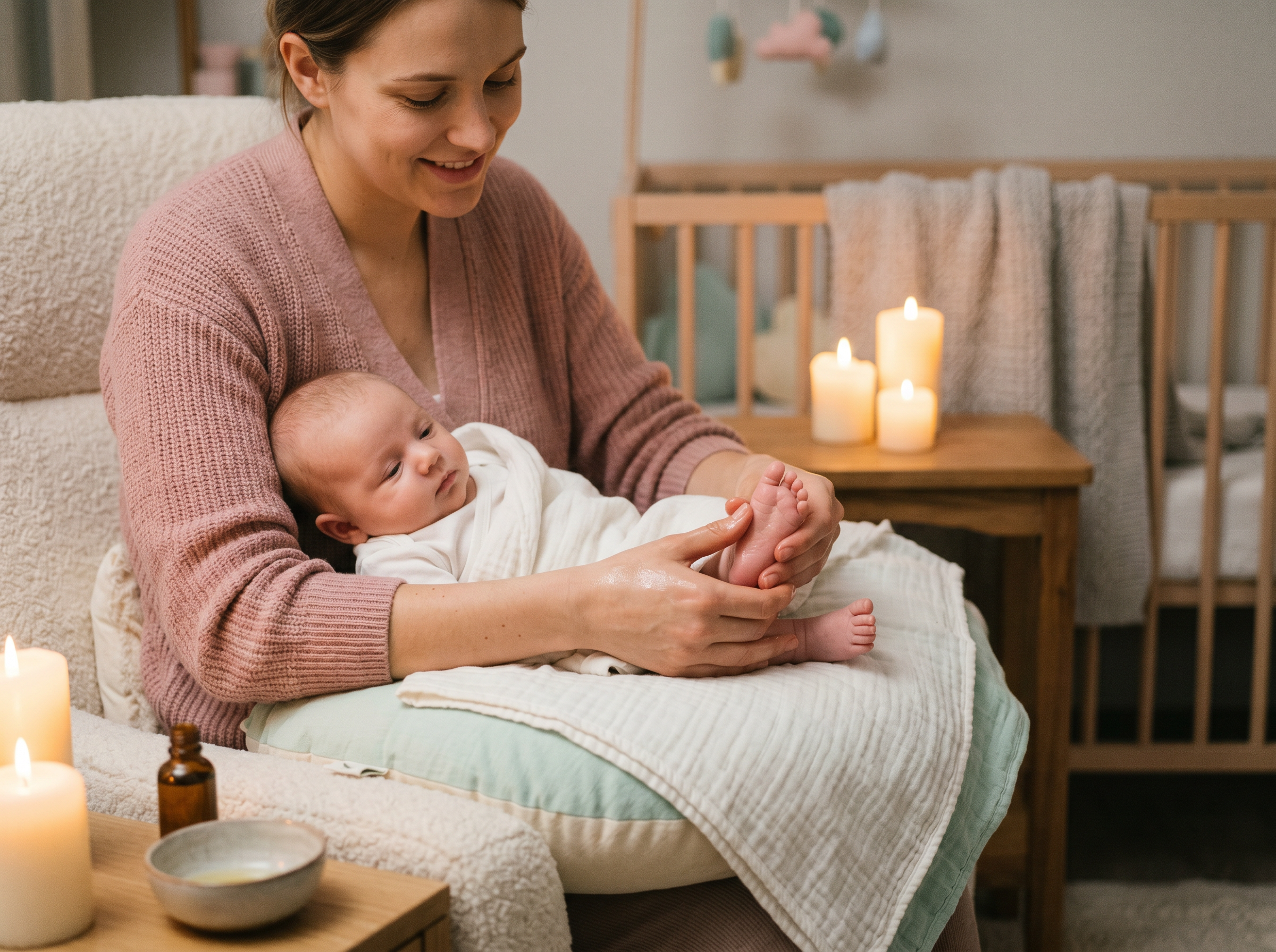 Mama wykonuje masaż Shantala swojemu noworodkowi przy świecach